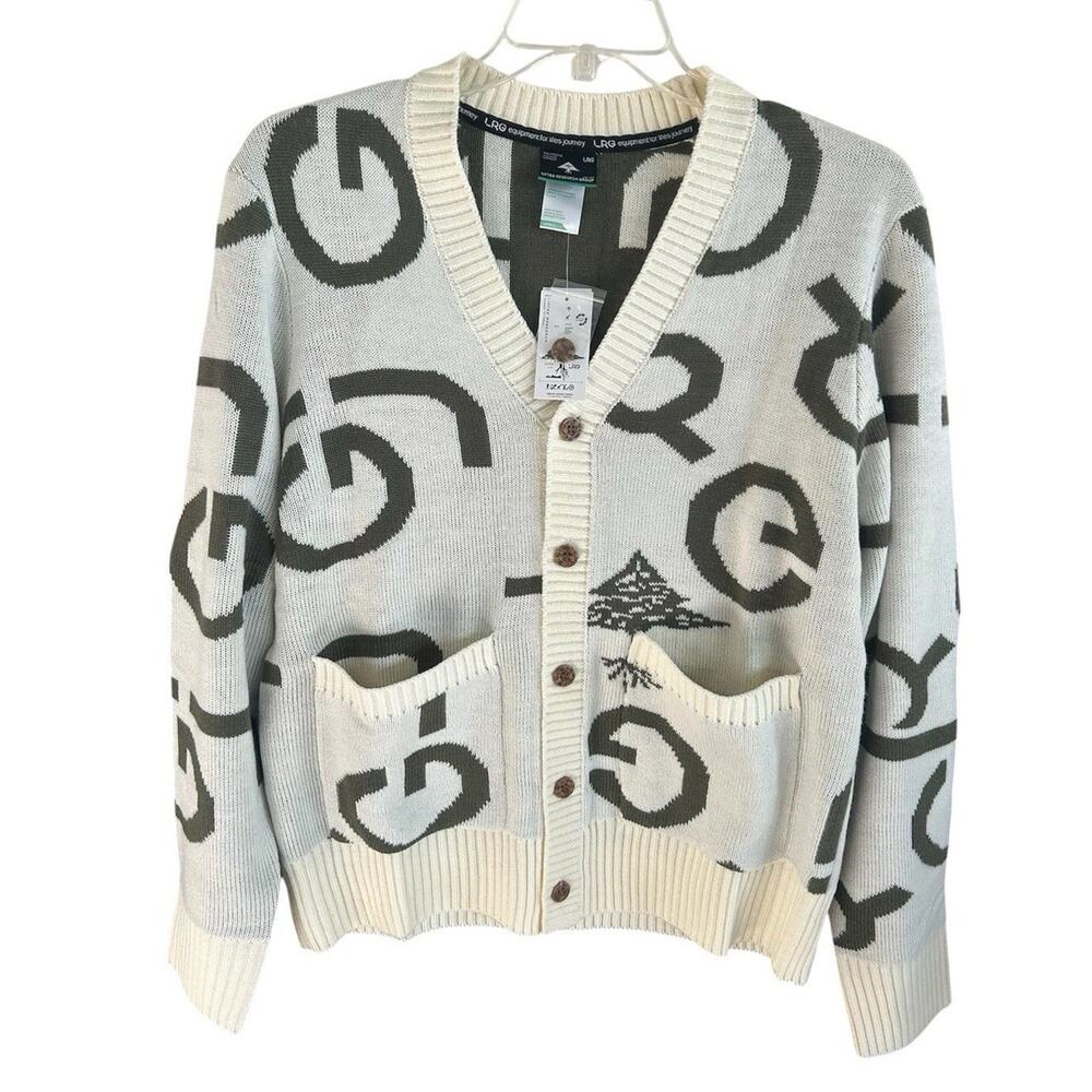 LRG Graphic Cardigan Sweater Mens Small Cream Logo Y2K Streetwear Skate NWT